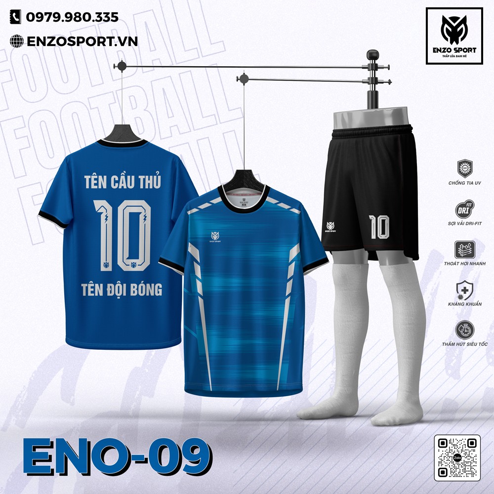 Áo Bóng Đá Không Logo ENO-09 Xanh Bích