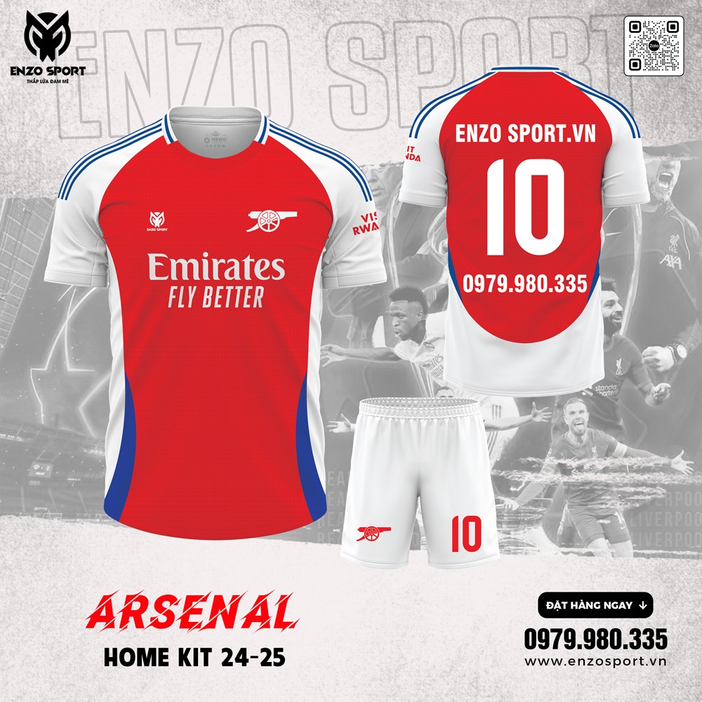 Arsenal Home Kit 24-25 phiên bản Enzo Sport - Áo đấu màu đỏ phối trắng xanh lam