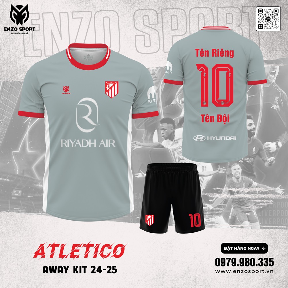 Áo đấu Atletico Away Kit 24-25 màu xám xanh phối đỏ nổi bật