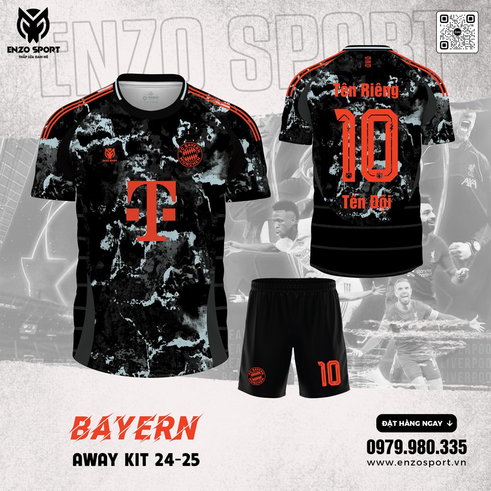 Áo đấu Bayern Away Kit 24-25 màu đen phối họa tiết đỏ cam