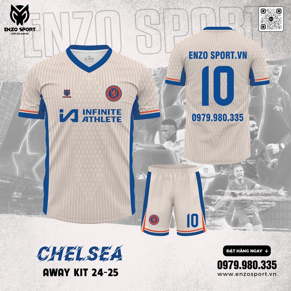 Áo đấu Chelsea Away 2024-2025 màu kem phối xanh dương và họa tiết monogram