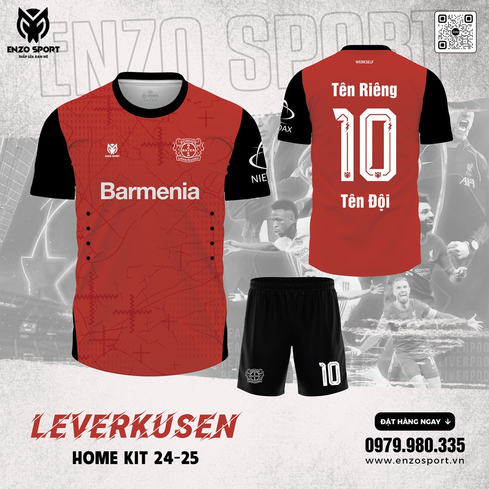 Áo đấu Leverkusen 2024-2025 chính hãng Enzo Sport màu đỏ đen