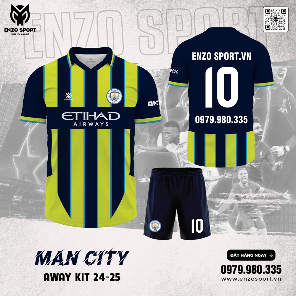 Áo đấu Man City sân khách 2024-2025 màu xanh đen vàng neon