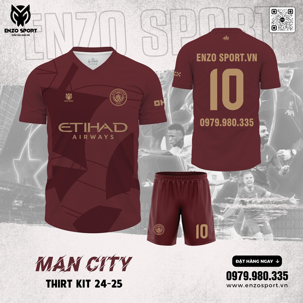 Áo đấu Man City 2024-2025 màu đỏ rượu vang thiết kế bởi Enzo Sport