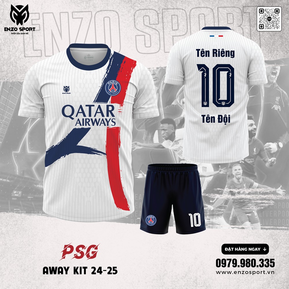 Áo Đấu PSG Sân Khách 2024-2025 Màu Trắng có dải chéo đỏ và xanh navy đặc trưng