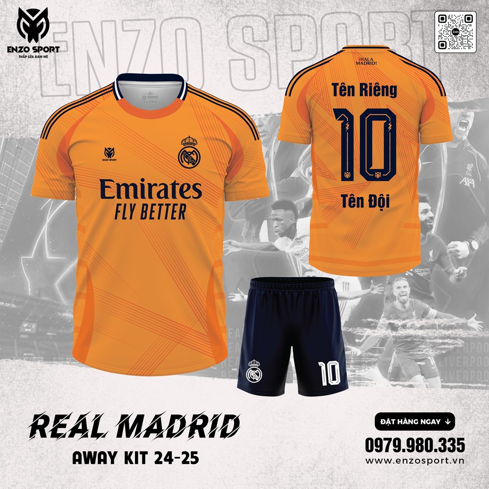 Áo đấu Real Madrid sân khách 2024–2025 màu cam cháy kết hợp xanh navy