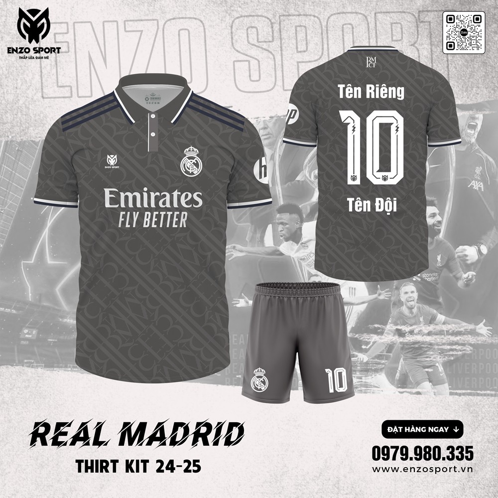 Áo đấu Real Madrid 2024-2025 màu xám với họa tiết RM chìm và logo sắc nét