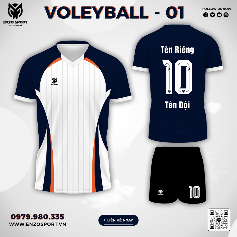 Áo bóng chuyền Volleyball - 01 xanh navy phối cam neon