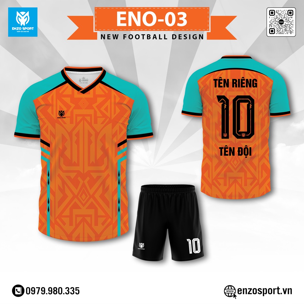 Áo bóng đá không logo ENO-03 màu cam phối xanh ngọc