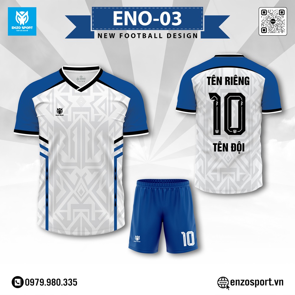 Áo bóng đá không logo ENO-03 màu trắng xanh đậm