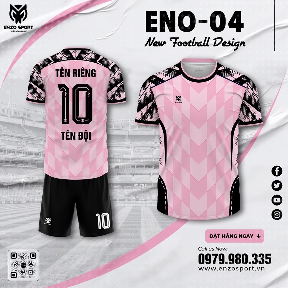 Áo bóng đá không logo ENO-04 màu hồng pastel phối tay đen hoạ tiết