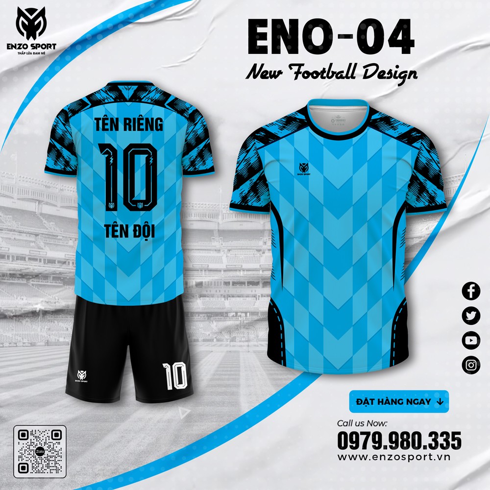 Áo bóng đá không logo ENO-04 màu xanh da trời phối họa tiết đen