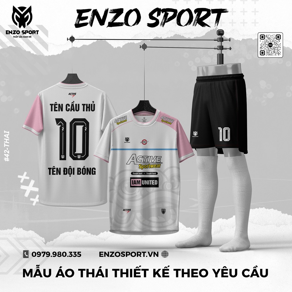 Áo bóng đá Enzo Sport trắng ngọc trai phối tay hồng pastel và viền xanh lam cá nhân hóa theo yêu cầu