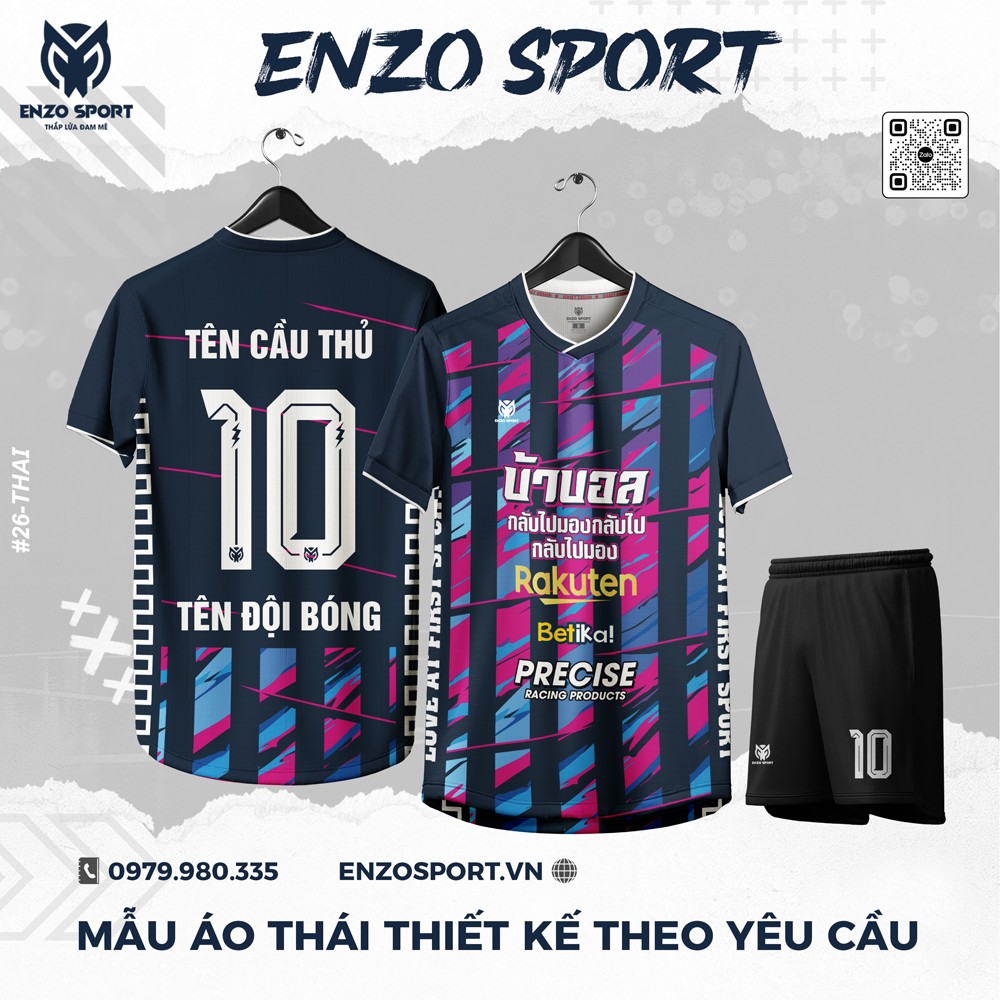 Áo bóng đá Enzo Sport xanh than phối tím hồng - thiết kế thể thao phá cách