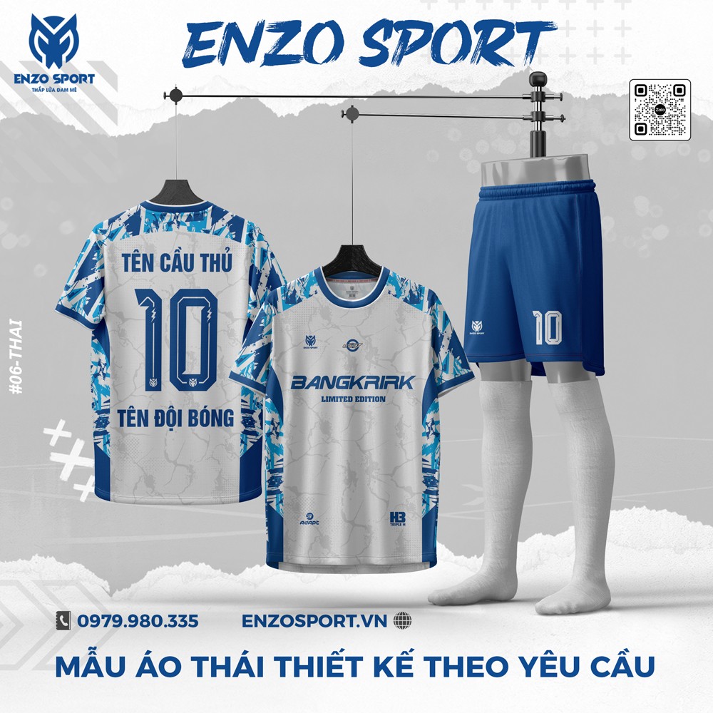 Áo bóng đá thiết kế Enzo Sport trắng xám phối xanh navy