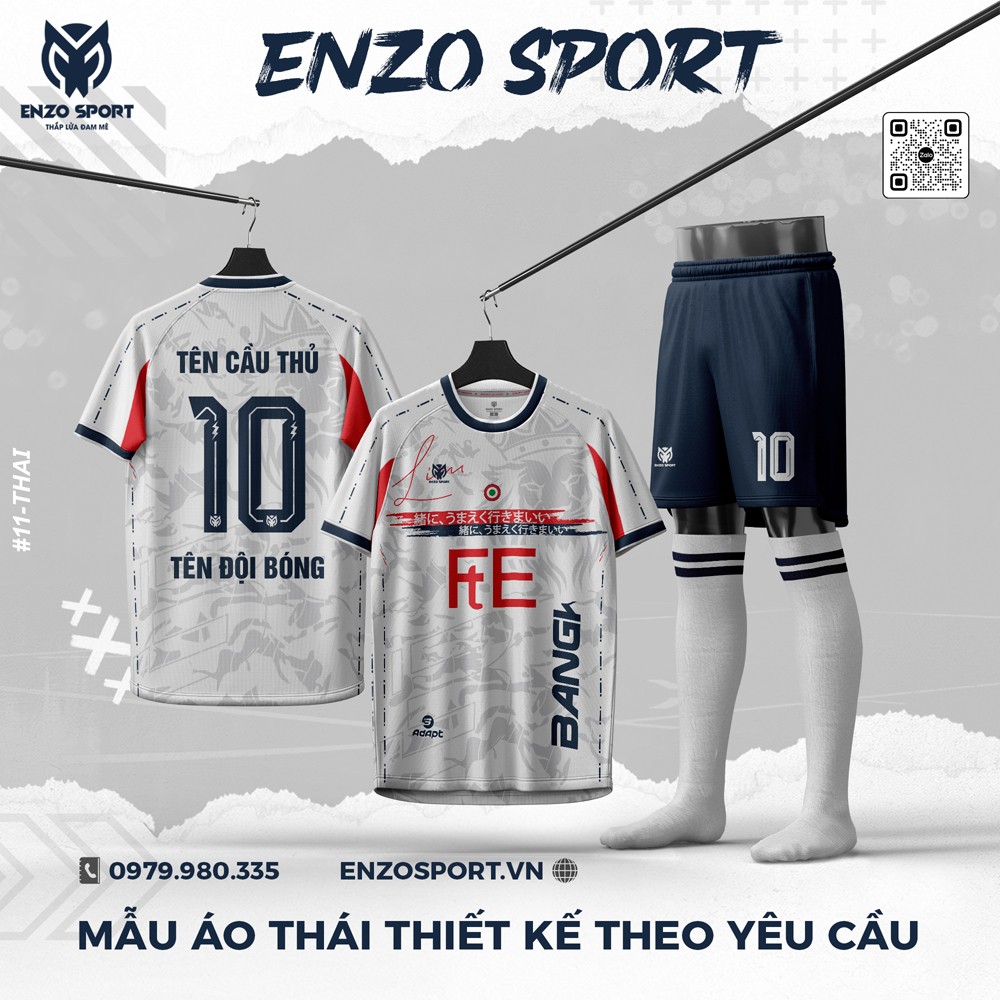 Mẫu áo đá banh Enzo Sport phối màu xám trắng, đỏ và navy chuyên nghiệp