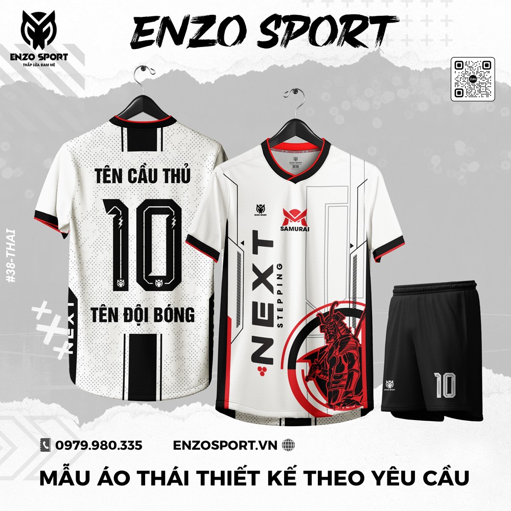 Áo bóng đá thiết kế trắng đỏ hình Samurai của ENZO SPORT