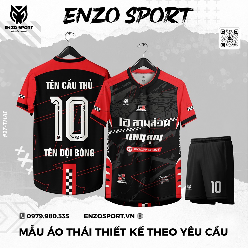 Áo bóng đá Enzo Sport đen đỏ in tên số theo yêu cầu