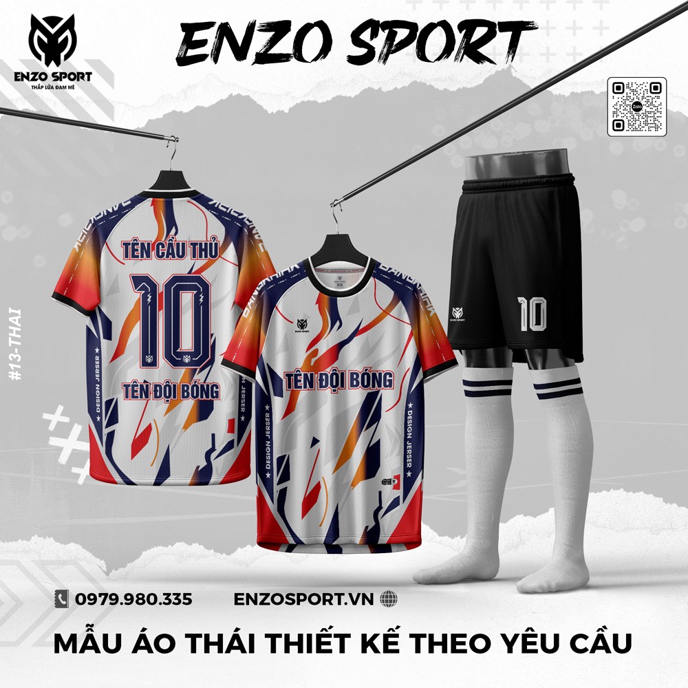 Áo bóng đá Enzo Sport trắng phối loang cam đỏ xanh navy