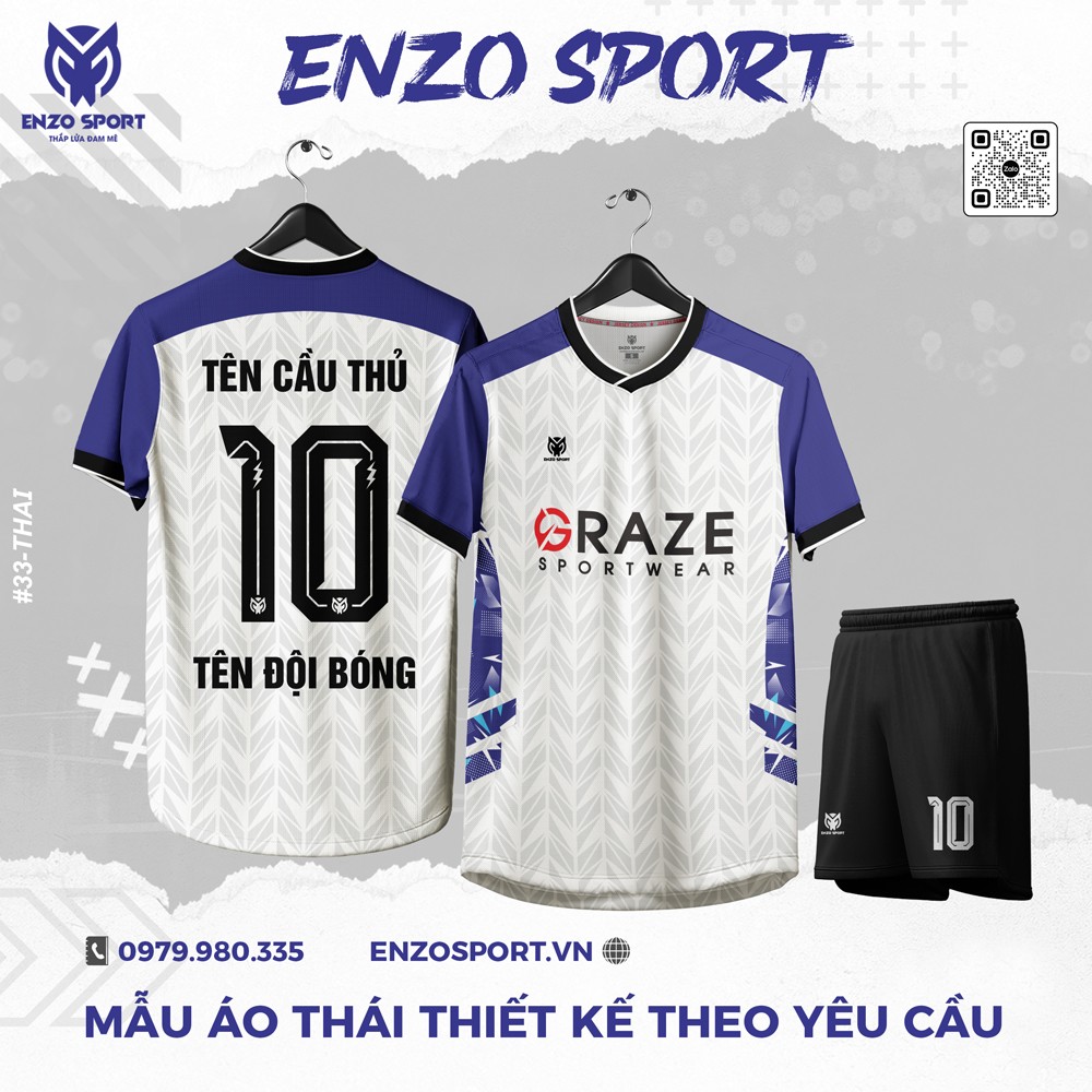 Áo bóng đá trắng phối tím thiết kế theo yêu cầu Enzo Sport