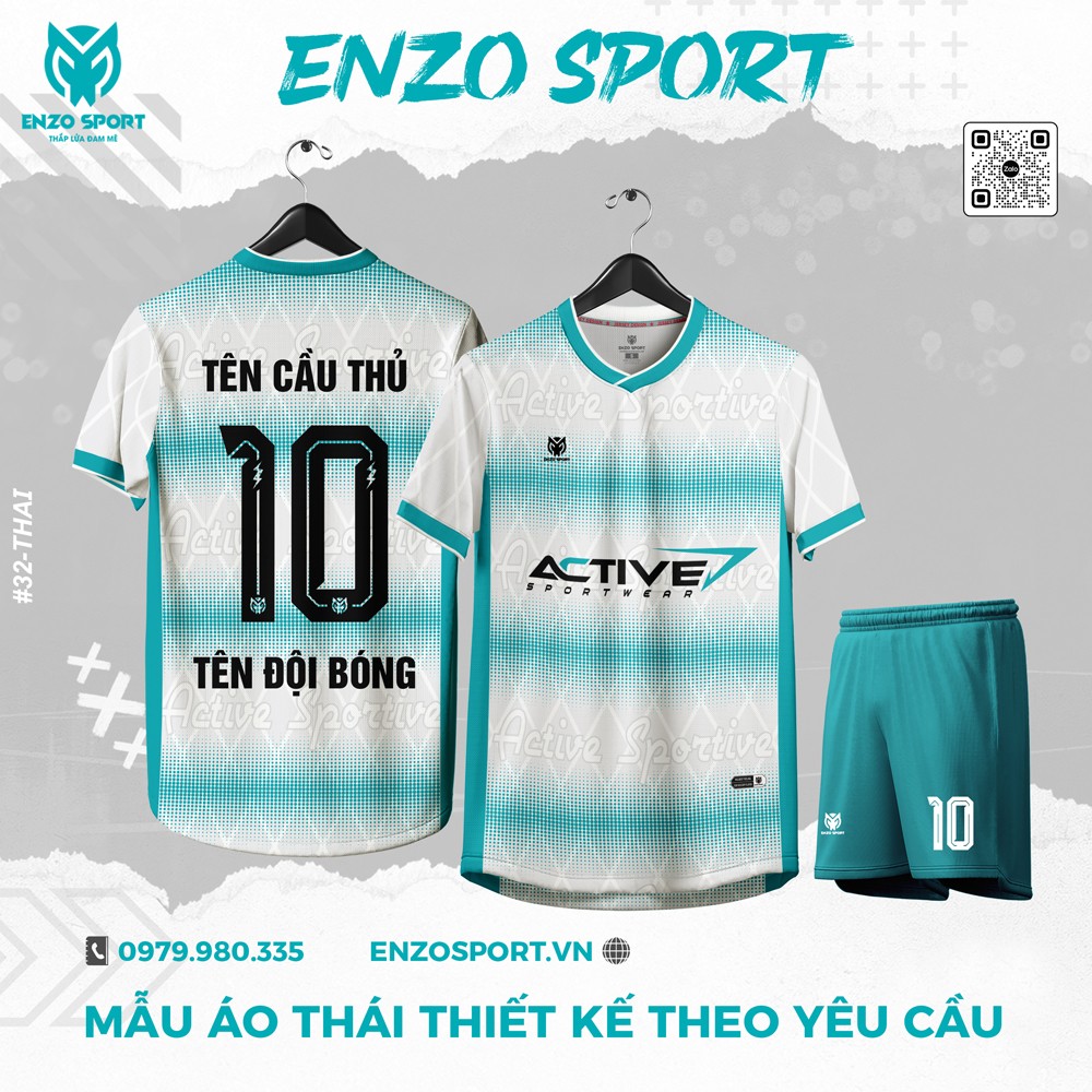 Áo bóng đá Thái trắng xanh ngọc thiết kế theo yêu cầu ENZO SPORT