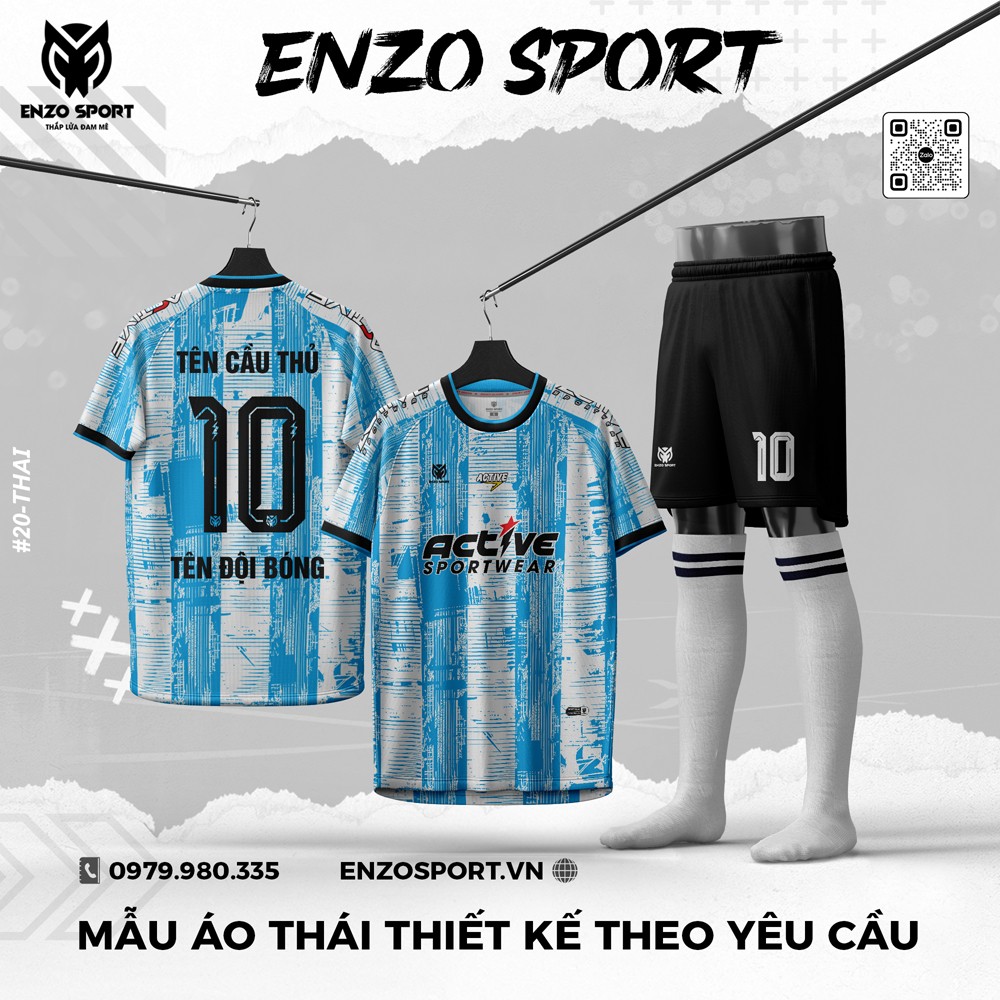 Áo bóng đá Thái thiết kế trắng xanh dương Enzo Sport