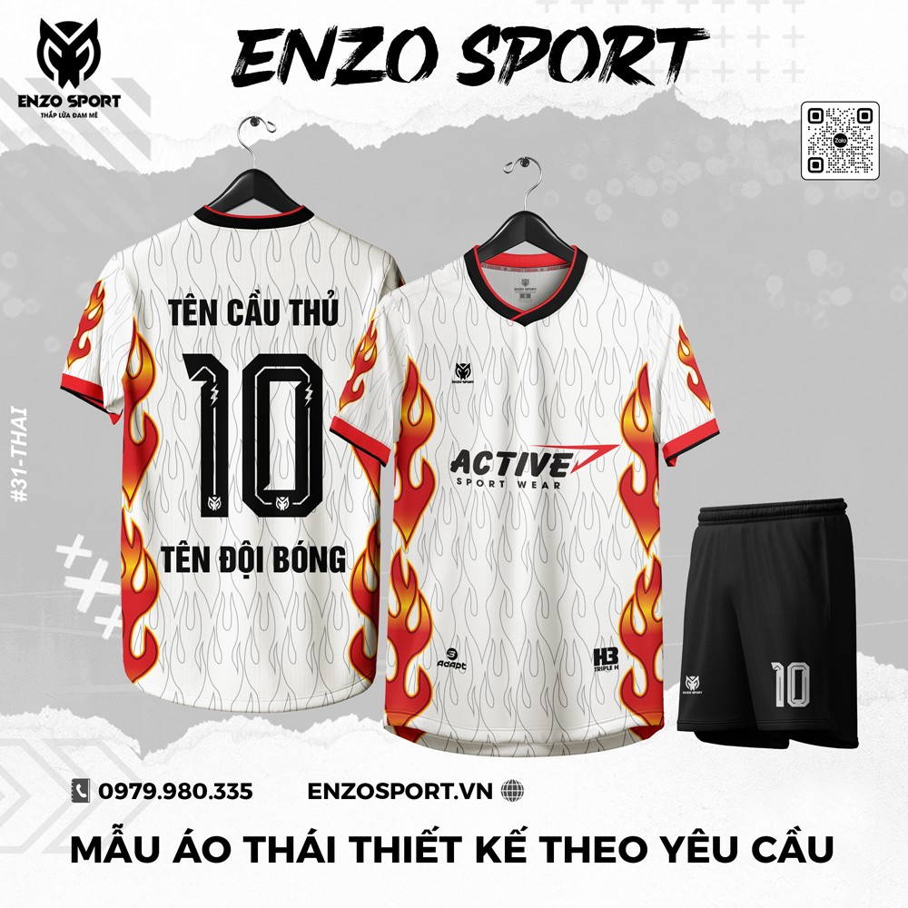 Áo bóng đá thiết kế theo yêu cầu màu trắng họa tiết ngọn lửa