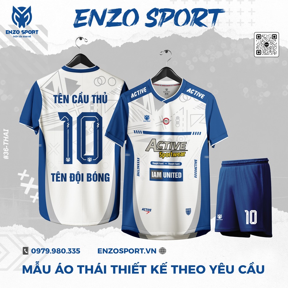 Áo Bóng Đá Trắng Xanh Enzo Sport Thiết Kế Theo Yêu Cầu
