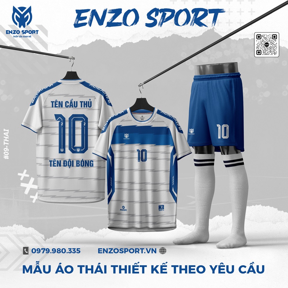 Áo bóng đá Enzo Sport trắng xám phối xanh dương thiết kế theo yêu cầu