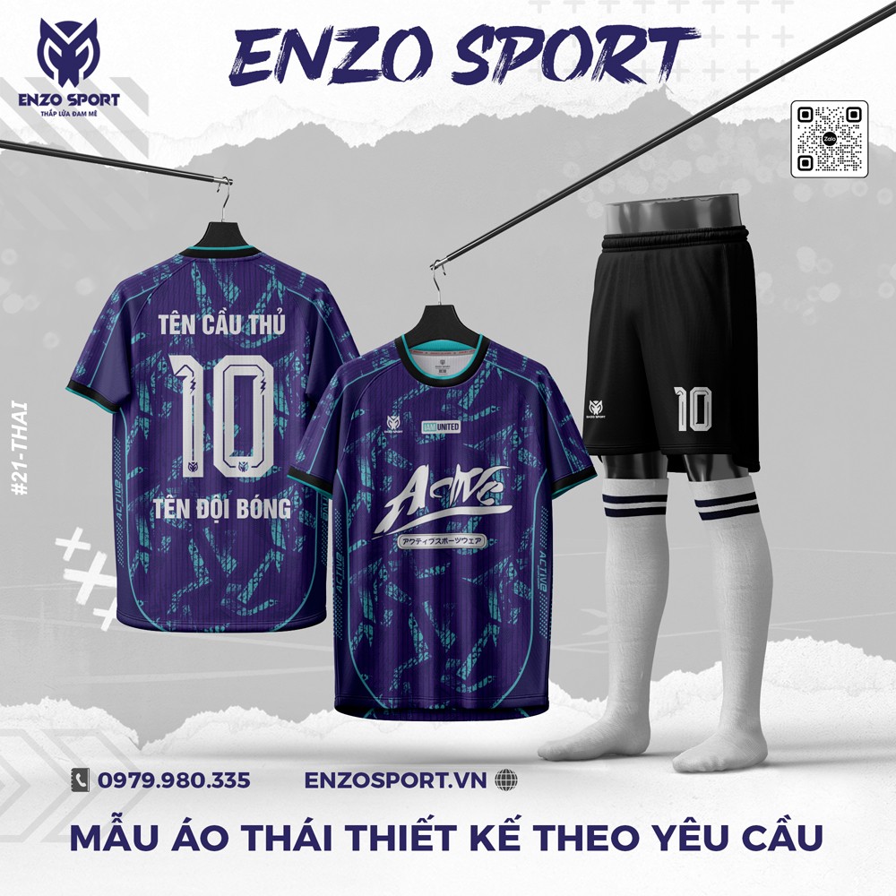 Áo bóng đá thiết kế Enzo Sport tím than xanh cyan nổi bật