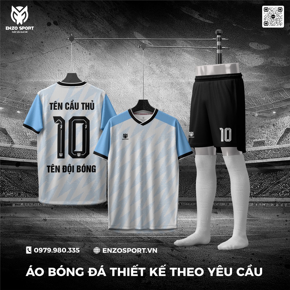 Áo bóng đá thiết kế màu trắng xanh đen ENZO SPORT