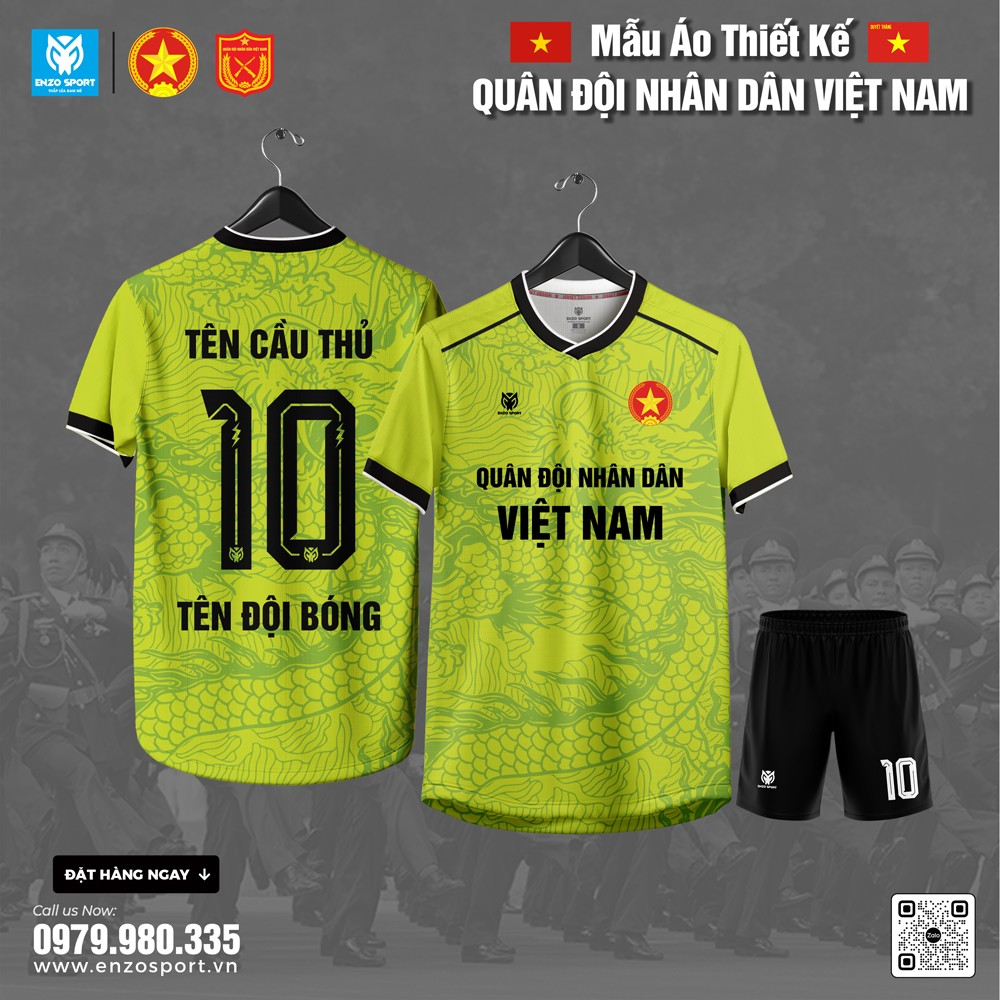 Áo bóng đá thiết kế Quân đội 08 màu vàng chanh neon với họa tiết rồng truyền thống