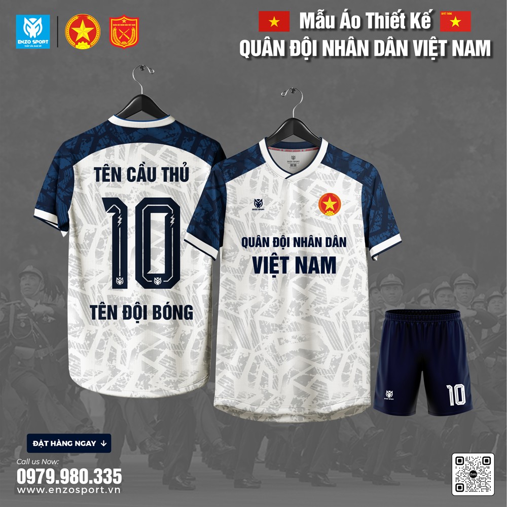 Áo thể thao Quân đội nhân dân Việt Nam trắng phối xanh navy có họa tiết camouflage