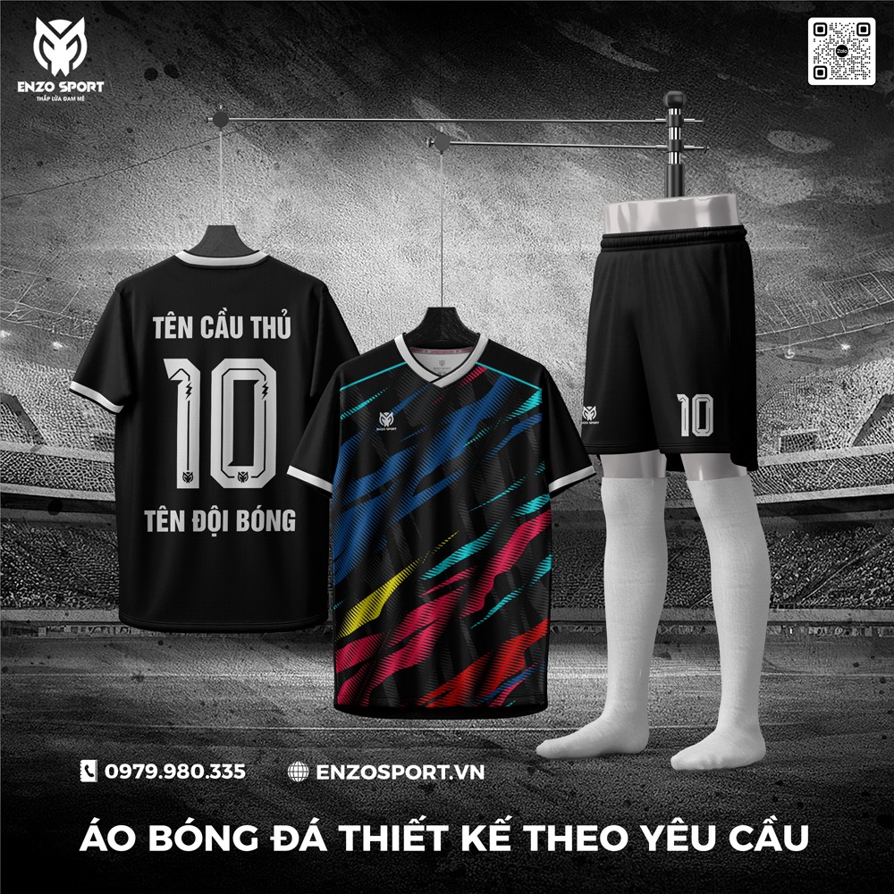 Áo bóng đá thiết kế màu đen họa tiết sọc nhiều màu độc đáo
