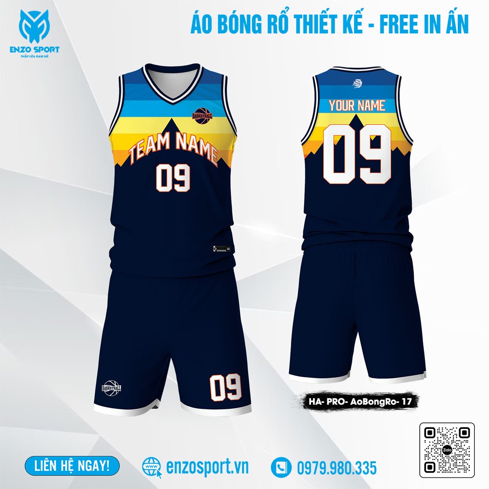 Áo bóng rổ thiết kế ENZO SPORT màu navy xanh mạnh mẽ, phối gradient nổi bật