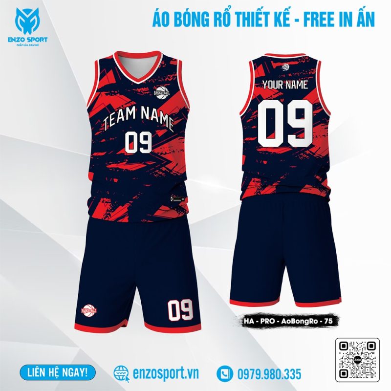 Áo bóng rổ thiết kế phối màu đỏ - xanh navy - Free in ấn
