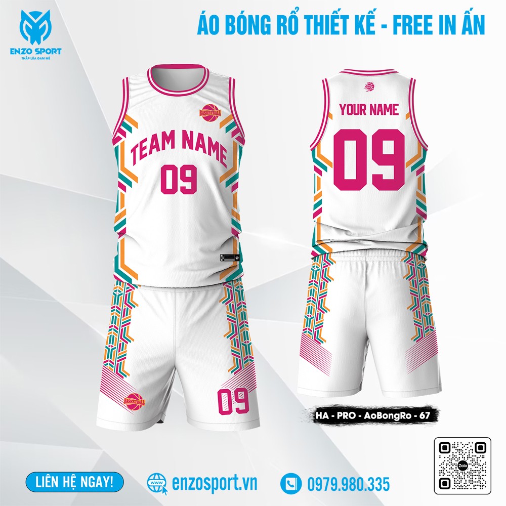Áo bóng rổ thiết kế phối màu trắng hồng neon cá tính - thietkeaobongda.com