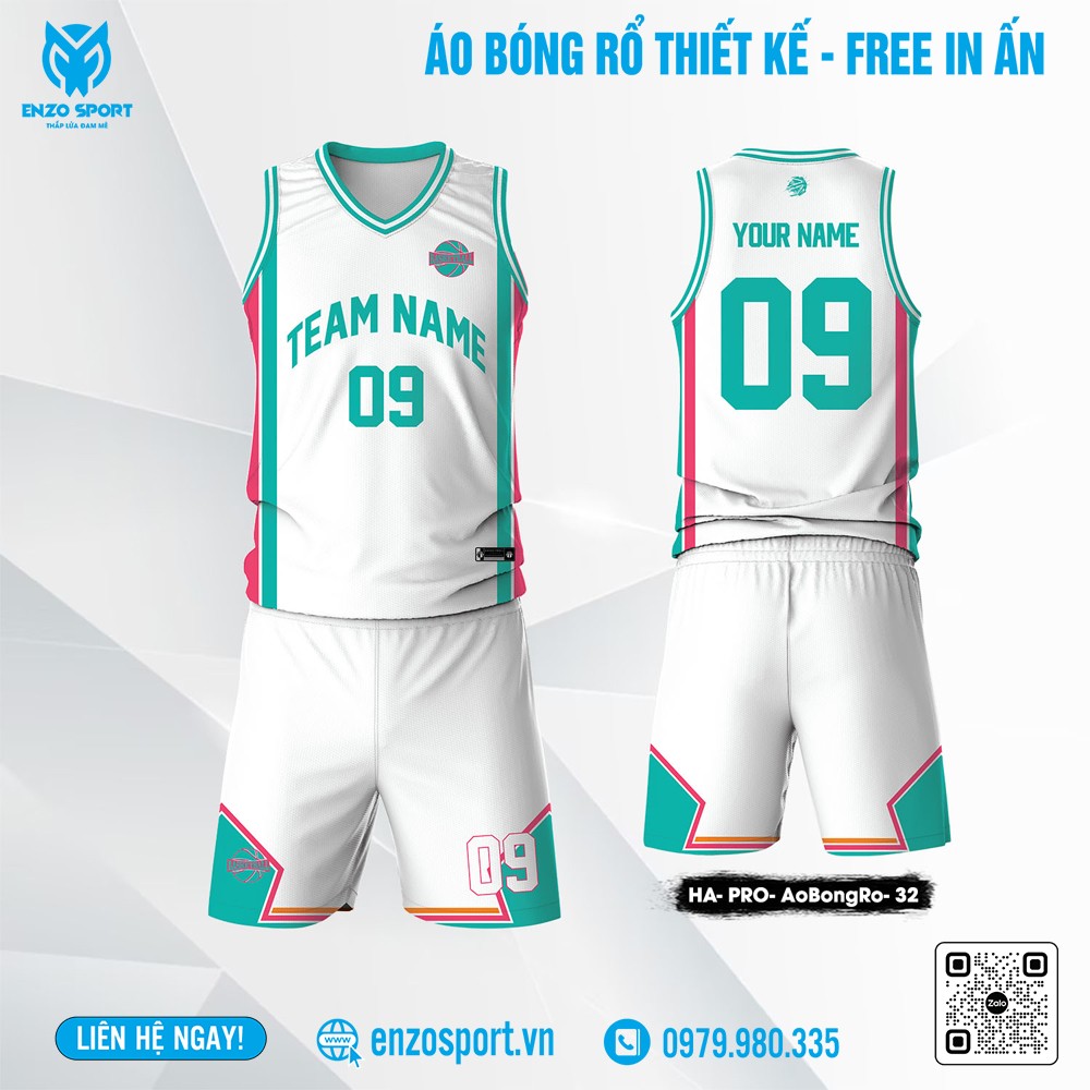 áo bóng rổ thiết kế riêng màu trắng phối teal và hồng, in ấn miễn phí