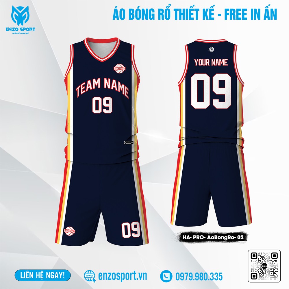 Đồng phục bóng rổ thiết kế xanh navy đỏ Enzo Sport