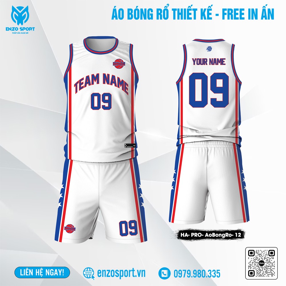 Áo bóng rổ thiết kế trắng phối xanh đỏ – Enzo Sport in tên số miễn phí