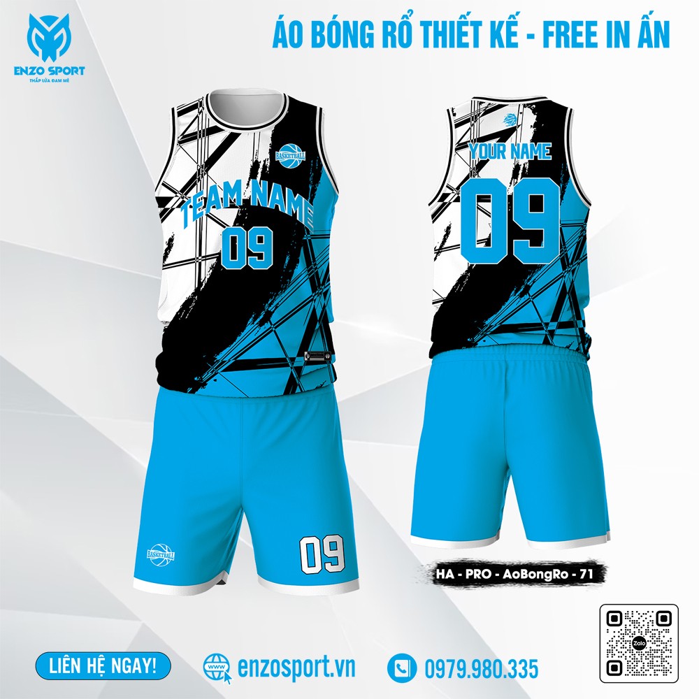 Đồng phục bóng rổ thiết kế phối màu trắng xanh đen đến từ Enzo Sport - phù hợp thi đấu chuyên nghiệp