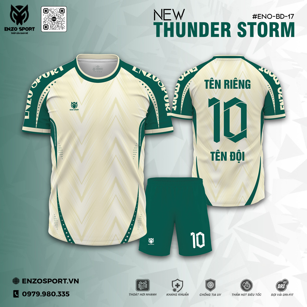 Áo bóng đá Thunder Storm không logo màu be phối xanh lá, chất liệu Dri-Fit, họa tiết mũi tên chuyển động