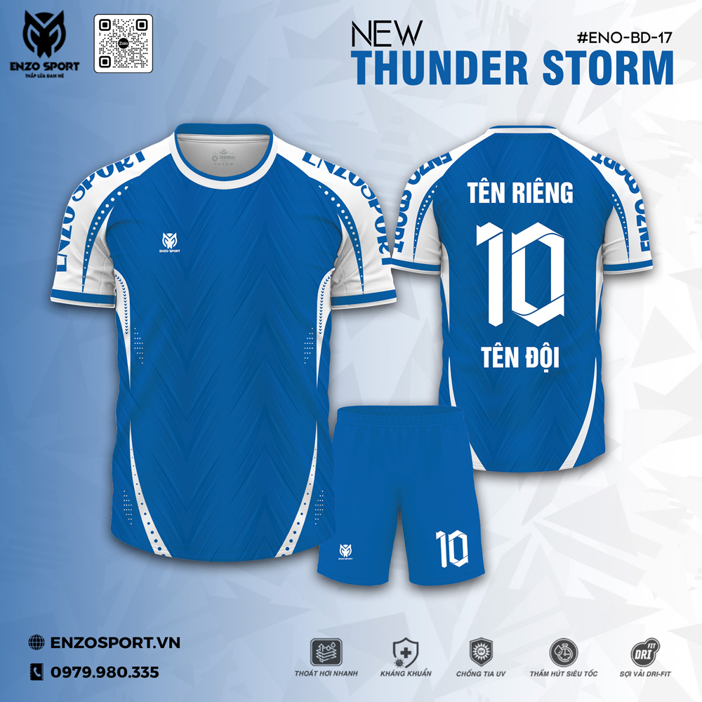 Áo bóng đá không logo màu xanh dương viền trắng, chất liệu Dri-Fit cao cấp, cá nhân hóa tên số áo